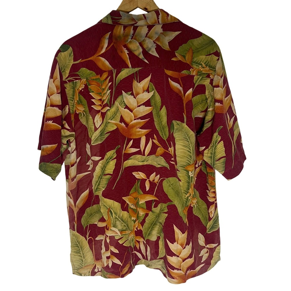 Vintage 100% SILK Mens Hawaiian Shirt Maroon Tropical Floral M Resort 90s - Picture 2 of 11